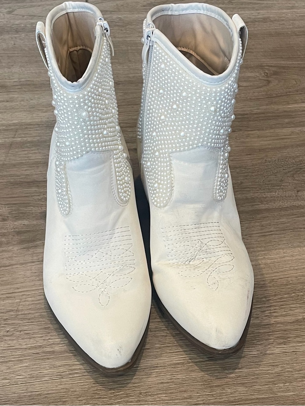 White Pearl-Embellished Women's Ankle Boots